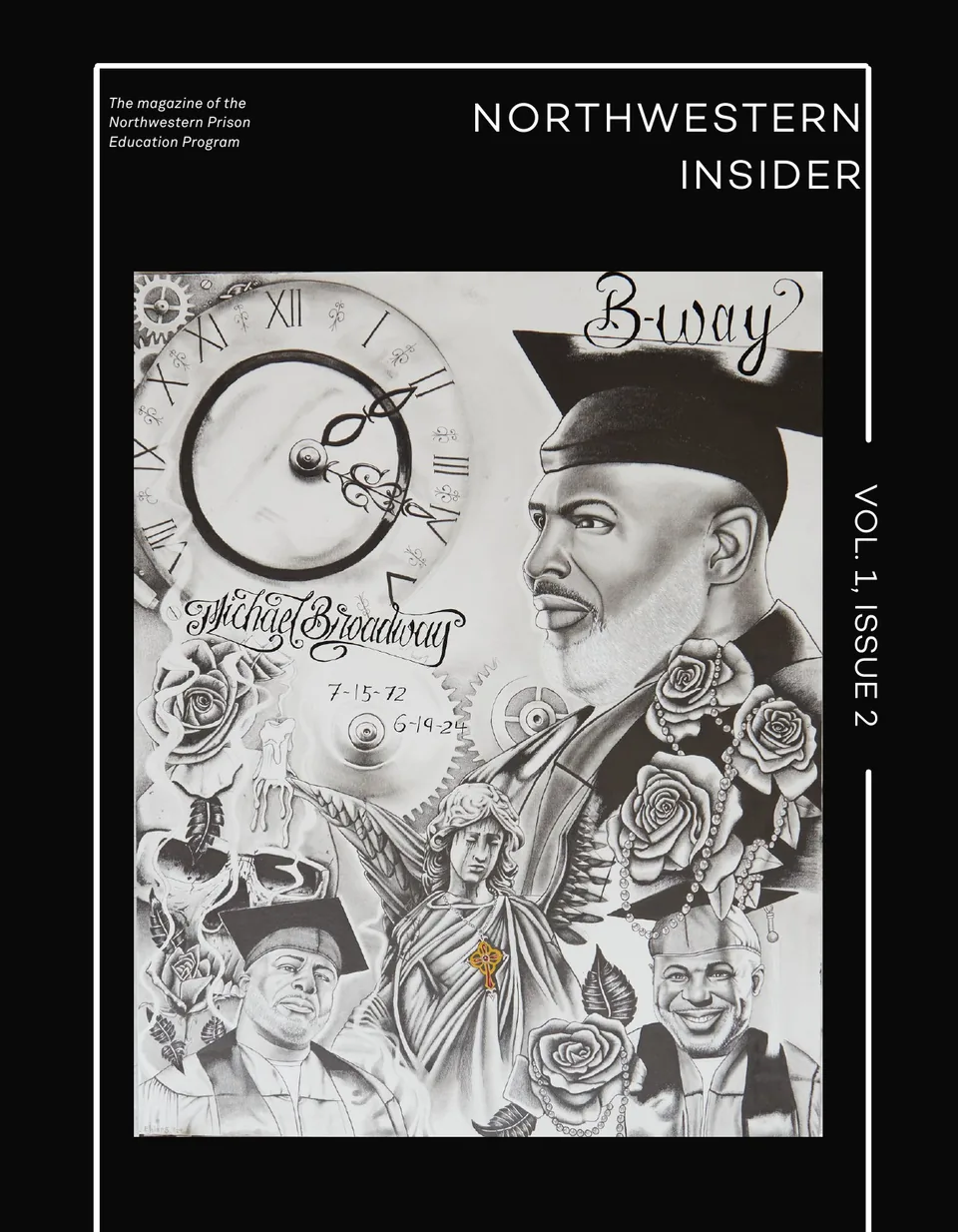 Northwestern Insider Volume 1, Issue 2 cover featuring a detailed memorial pencil drawing of Michael Broadway with clocks, roses, an angel, and graduation portraits.