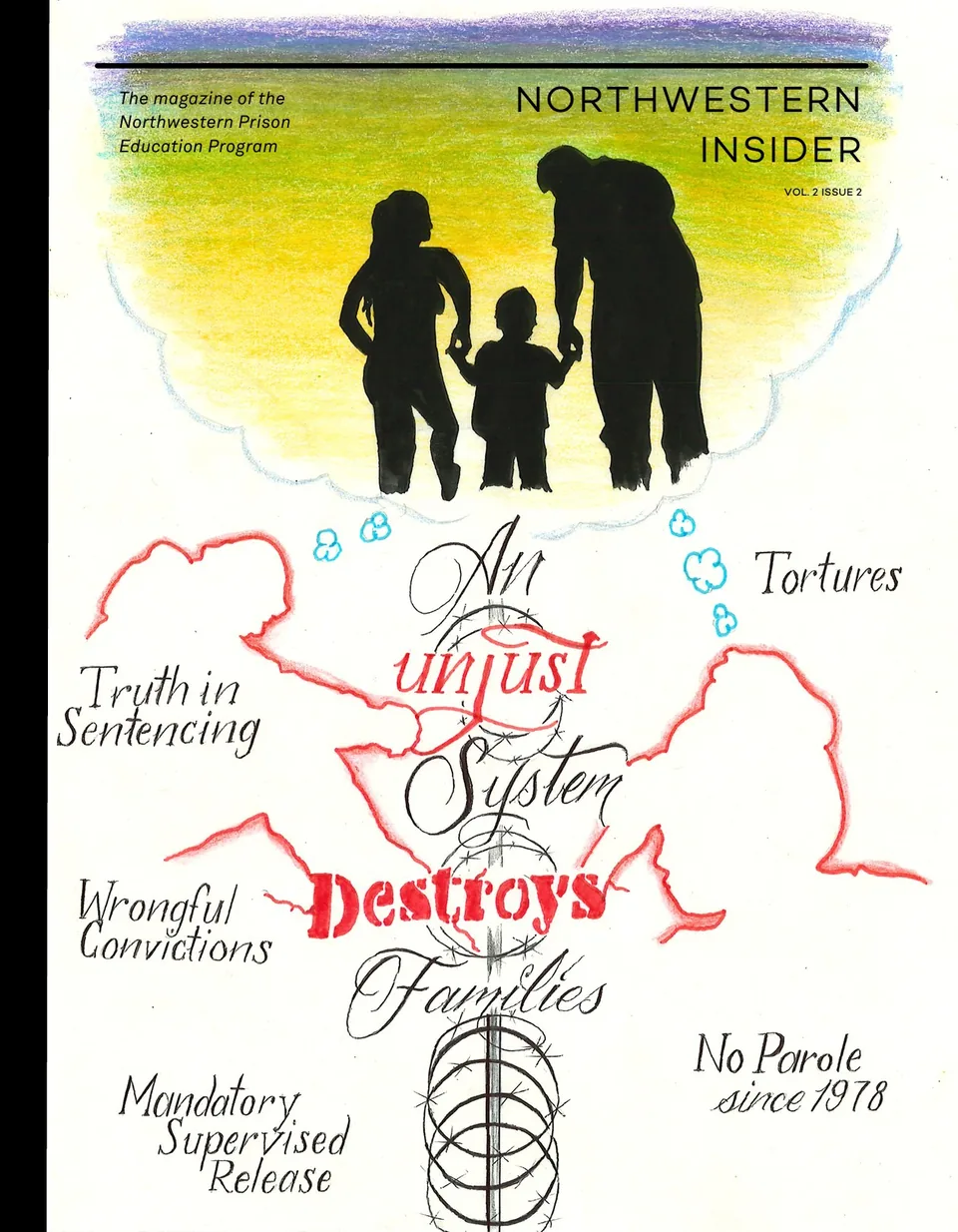 Northwestern Insider Volume 2, Issue 2 cover depicting a family silhouette above a broken chain surrounded by phrases about injustices in the carceral system.